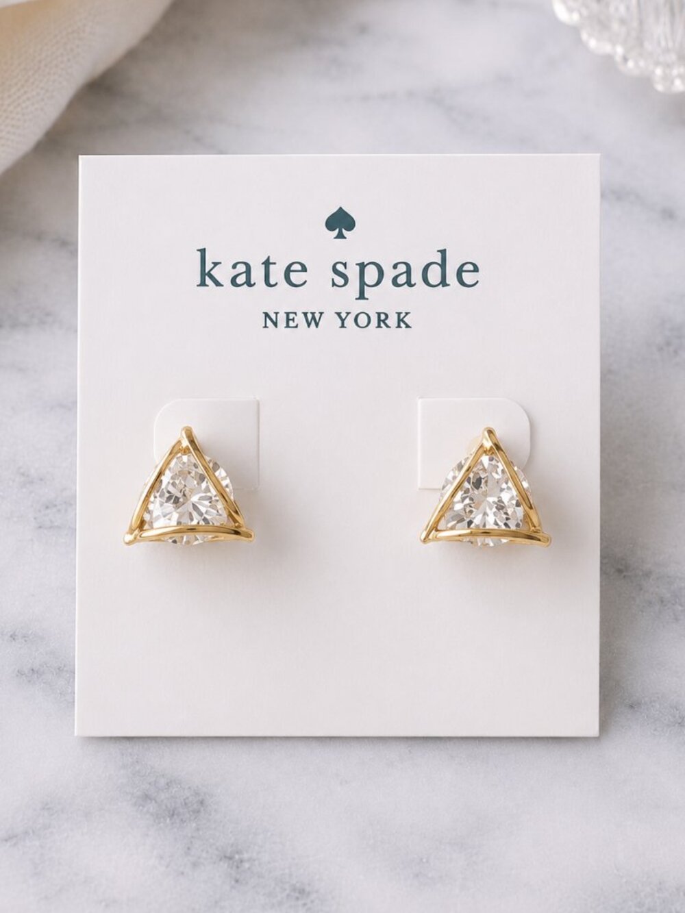 Kate Spade Triangle Crystal Stud Earrings Gold Tone Geometric Sparkle Jewelry